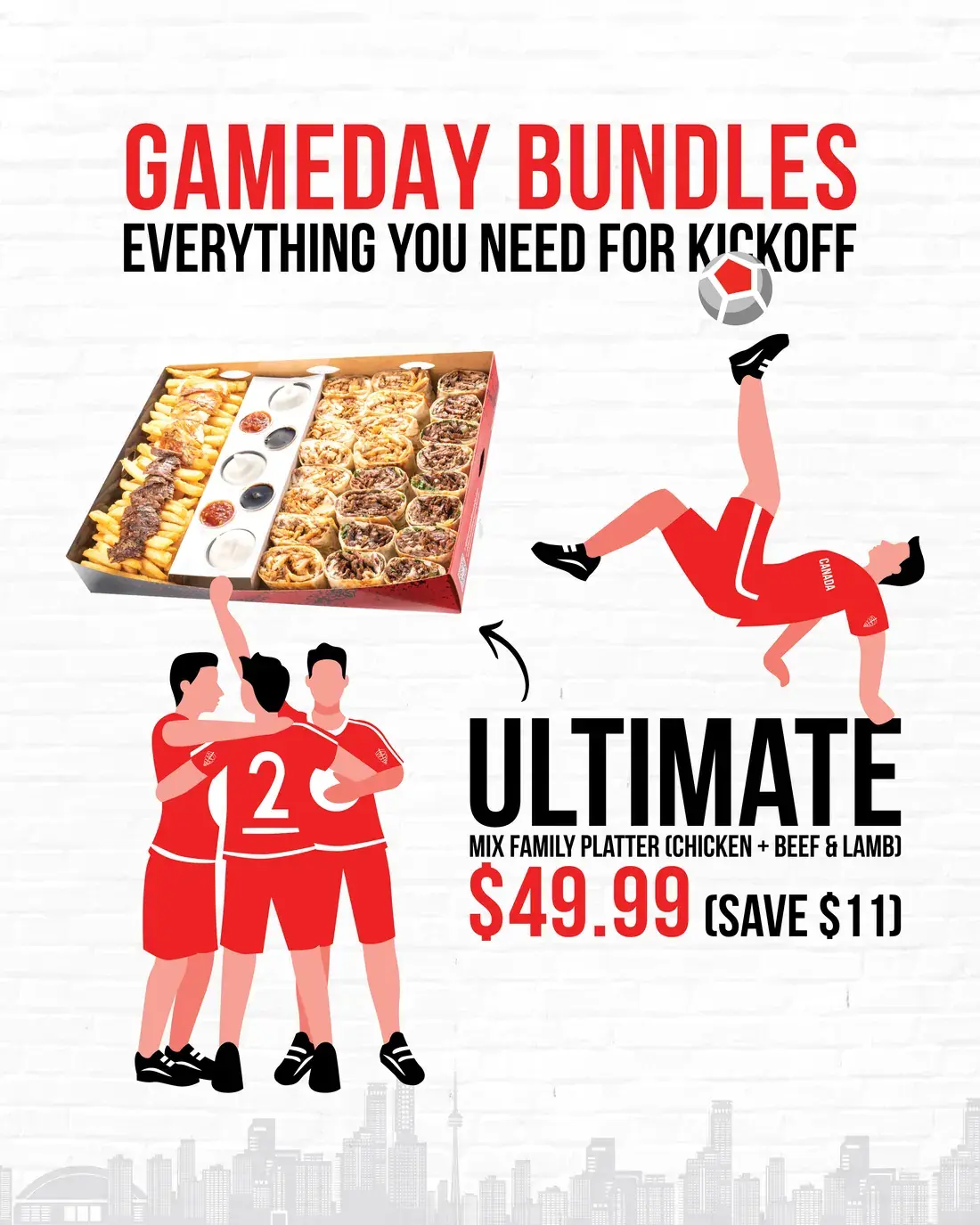 Gameday Bundle 2: the Ultimate Mix family platter with wraps, fries and sauces